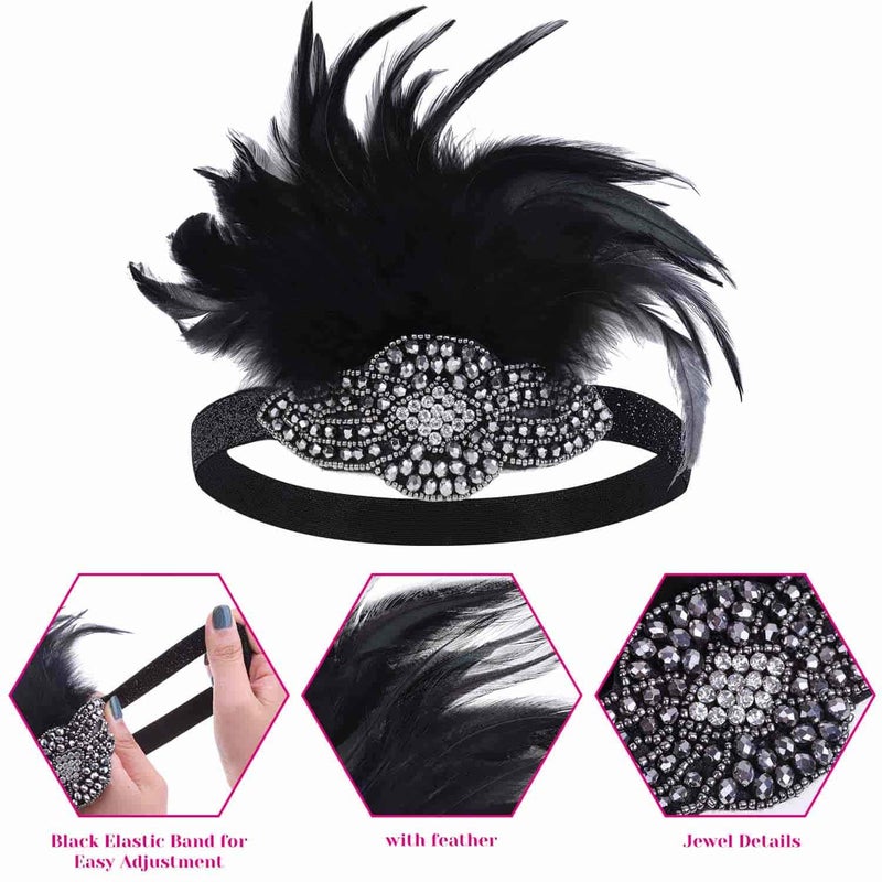 cridoz Flapper Accessories, 1920s Gatsby Accessories for Women Includes Flapper Headbands Necklace Gloves Black - Image 3